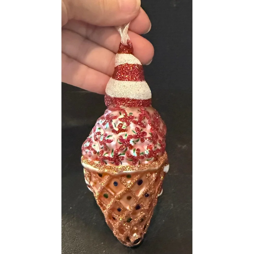 Christmas Holiday Ornament Girl in Ice Cream Waffle Cone Glitter Glass